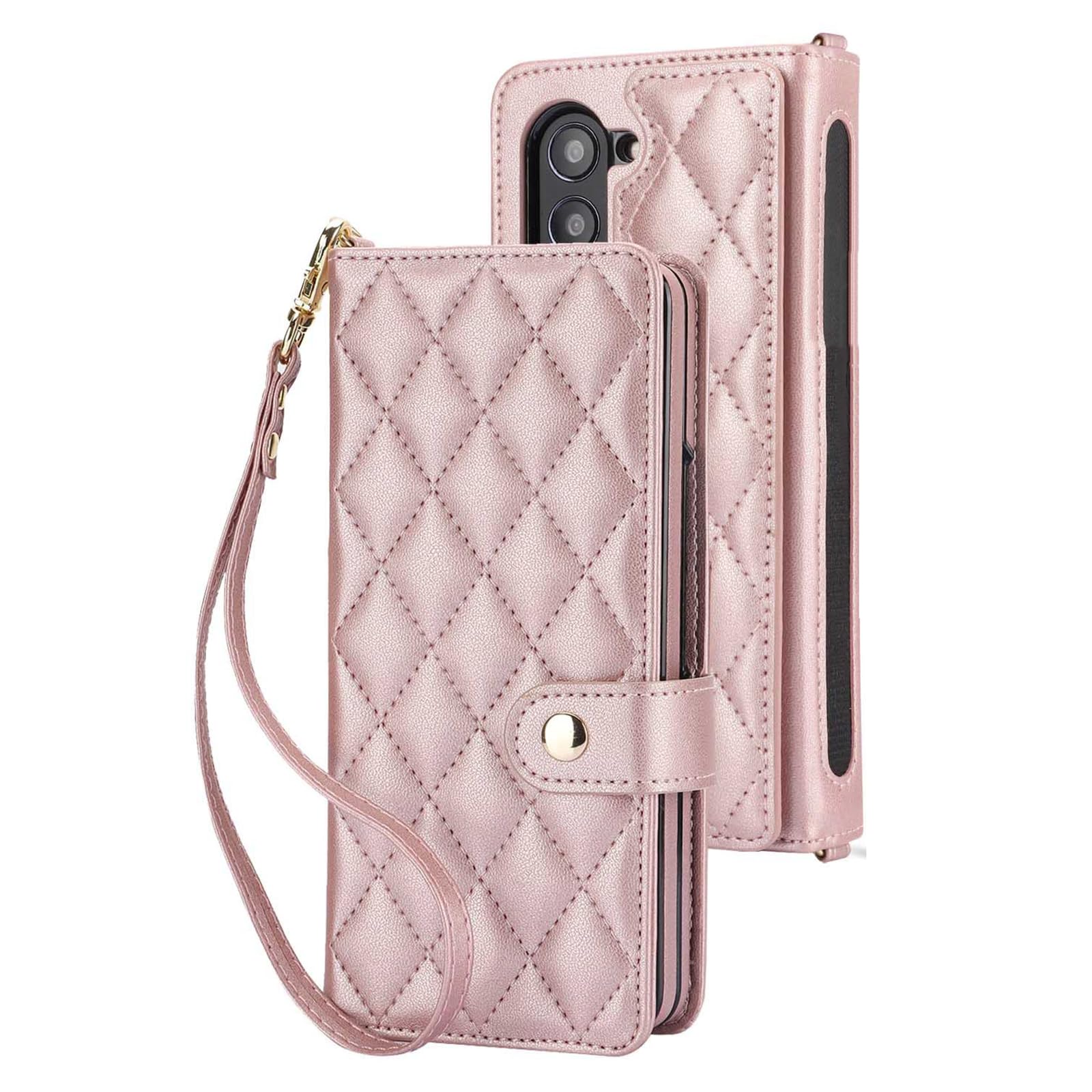 Skórzane etui do Samsunga Galaxy Z Fold 6, dwustronne etui z klapką, wielofunkcyjny modny portfel Etui na telefon komórkowy z 6 miejscami na karty i uchwytem na długopis S-Pen, różowy