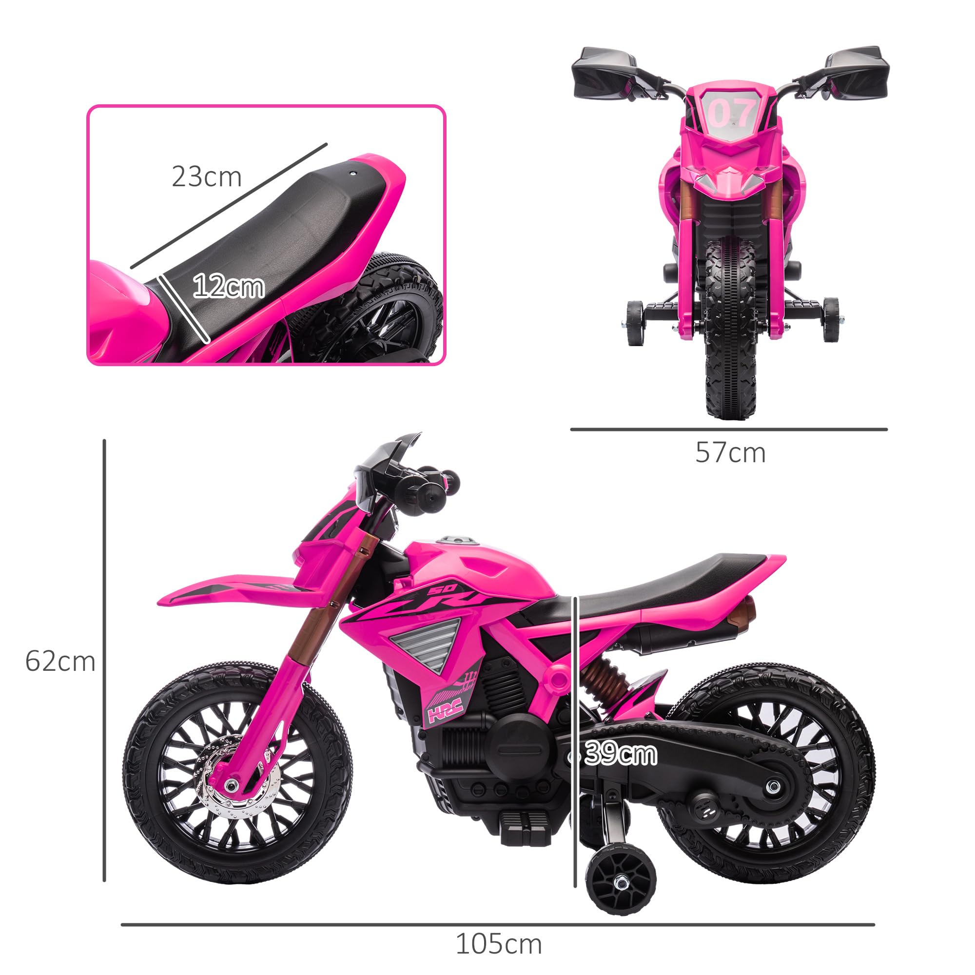 AIYAPLAY Moto électrique Enfants 6V 2 Moteurs avec klaxon Roues d'entraînement 3-8 Ans 30KG Rose