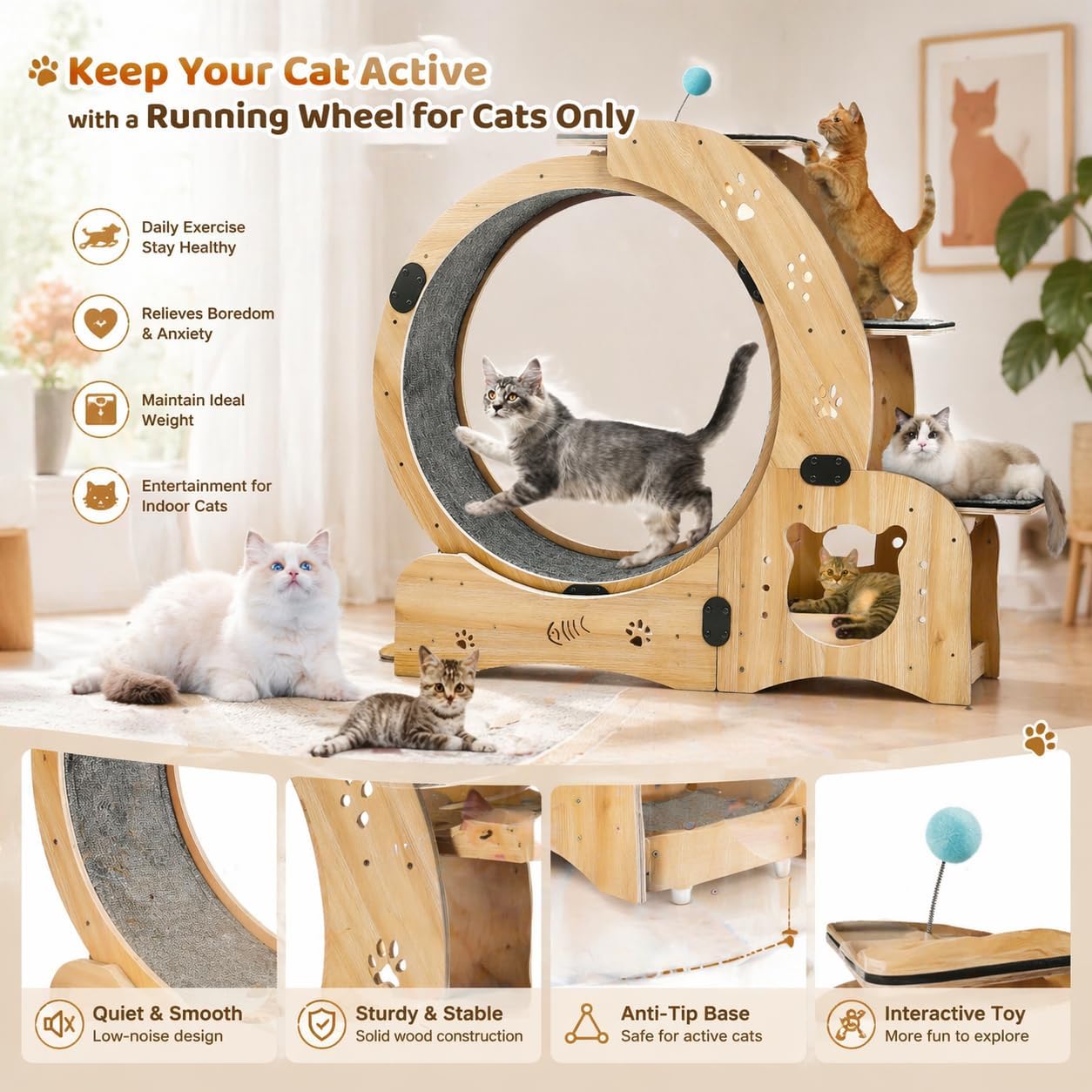 Cat Wheels for Indoor Cats, Cat Wheel 6-in-1 with Silent Wheel and Features Two Bowls On The Side, Cat Running Wheel for Running, Walking, Training, Suitable for Most Cats, Natural Wood