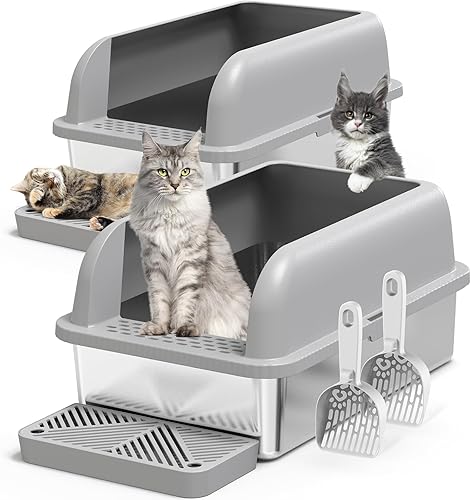 Vista 13 de Caja de arena para gatos de acero inoxidable de 8 pulgadas de profundidad con tapa, caja de arena extra grande para gatos grandes, bandeja de arena