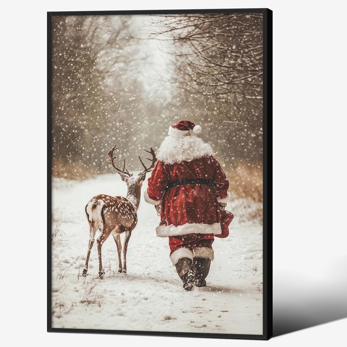 Santa Claus Reindeer Wall Art Forest Snowfall in Winter Poster Vintage Nature Animal Canvas Painting 16x24 inch Black Framed for Holiday Home Wall Decor