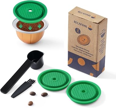Pack of 2 Reusable Coffee Capsule Lid Compatible with Original Vertuoline and Vertuo Capsules Pods Food Grade Silicone Refillable Coffee Pods Cap with Spoon and Brush, Green