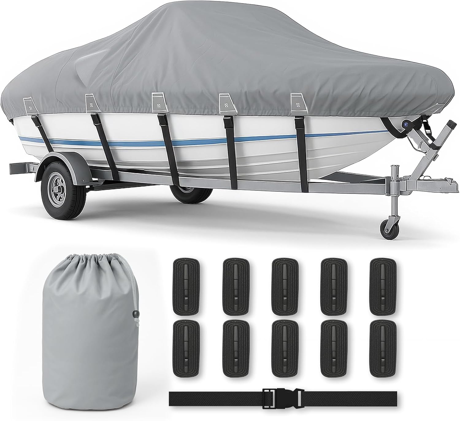 Heavy Duty 1200D Waterproof Boat Cover for 14-16ft Boats – Fits V-Hull, Tri-Hull, Bass Boat, Runabout & Fishing Boat, Anti-UV, Windproof Straps, Motor Cover & Storage Bag Included(Gray)
