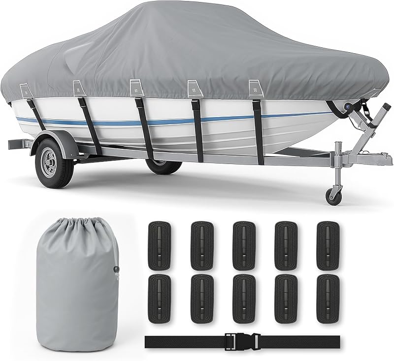Heavy Duty 1200D Boat Cover for 14-16 FT V-Hull Boats, Marine Grade Trailerable Boat Cover with Adjustable Straps, UV Resistant Tear-Resistant Cover(Gray)