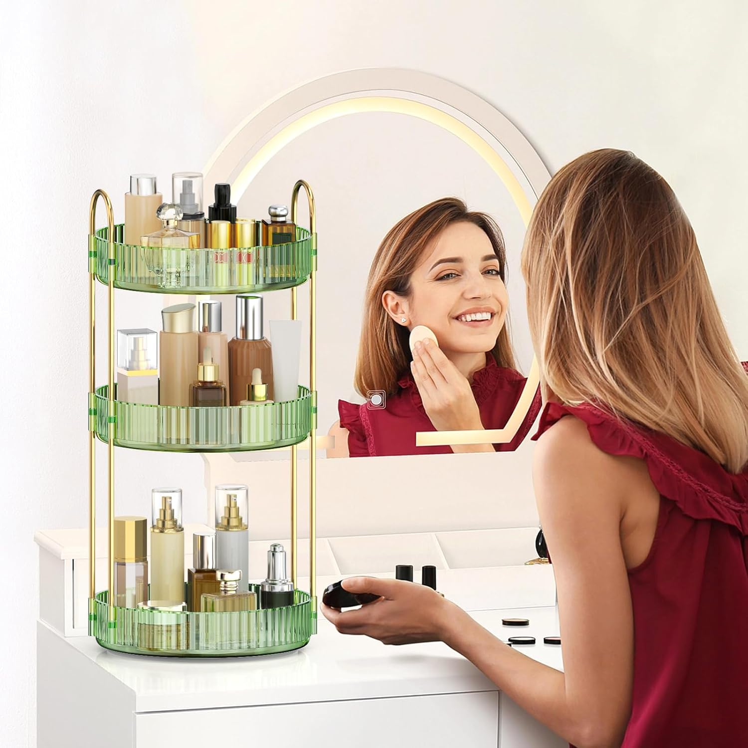 MOKANI 360 Rotating Makeup Organizer for Vanity, 3 Tier Adjustable Perfume Organizer for Dresser, Multi-Function Spinning Cosmetics Skincare Storage for Bedroom, Dresser, Countertop, Green - Image 7