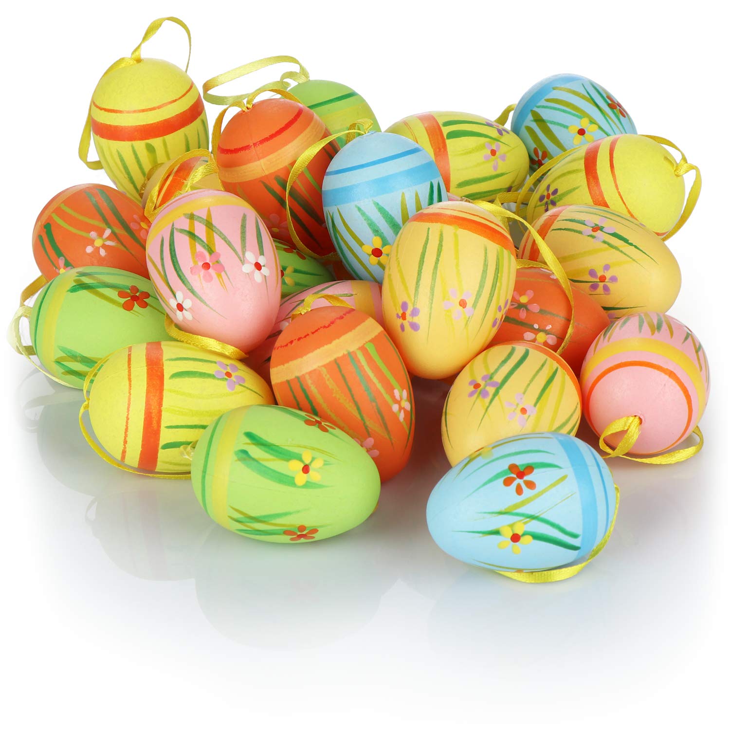 com-four® 24x Bunte Ostereier zum Aufhängen - Osterdeko mit Blumenmustern - Deko Ostereier in schönen Farben als Osterdekoration (gelb. pink. blau. orange. beige. grün)
