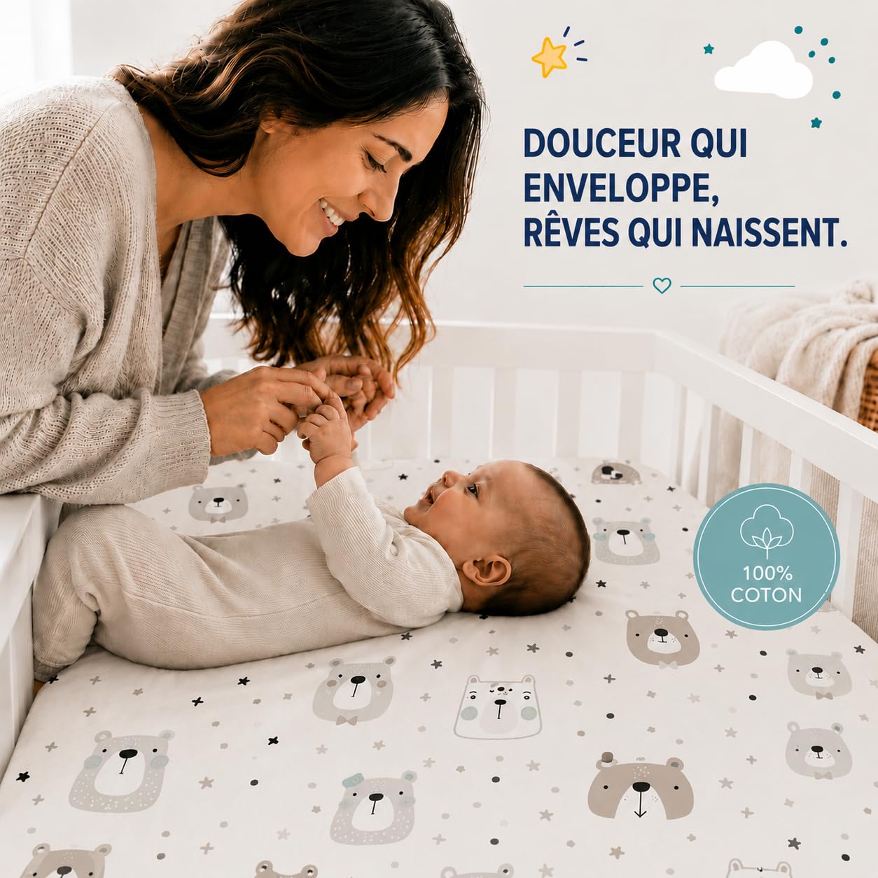 FlyIdeas Draps Housse 50x90 Cododo - Parure 2 Pcs 100% Coton, Alèse Protégé Matelas Compatible avec Berceau Cododo et Matelas 90x55 50x83 40x90 et similares