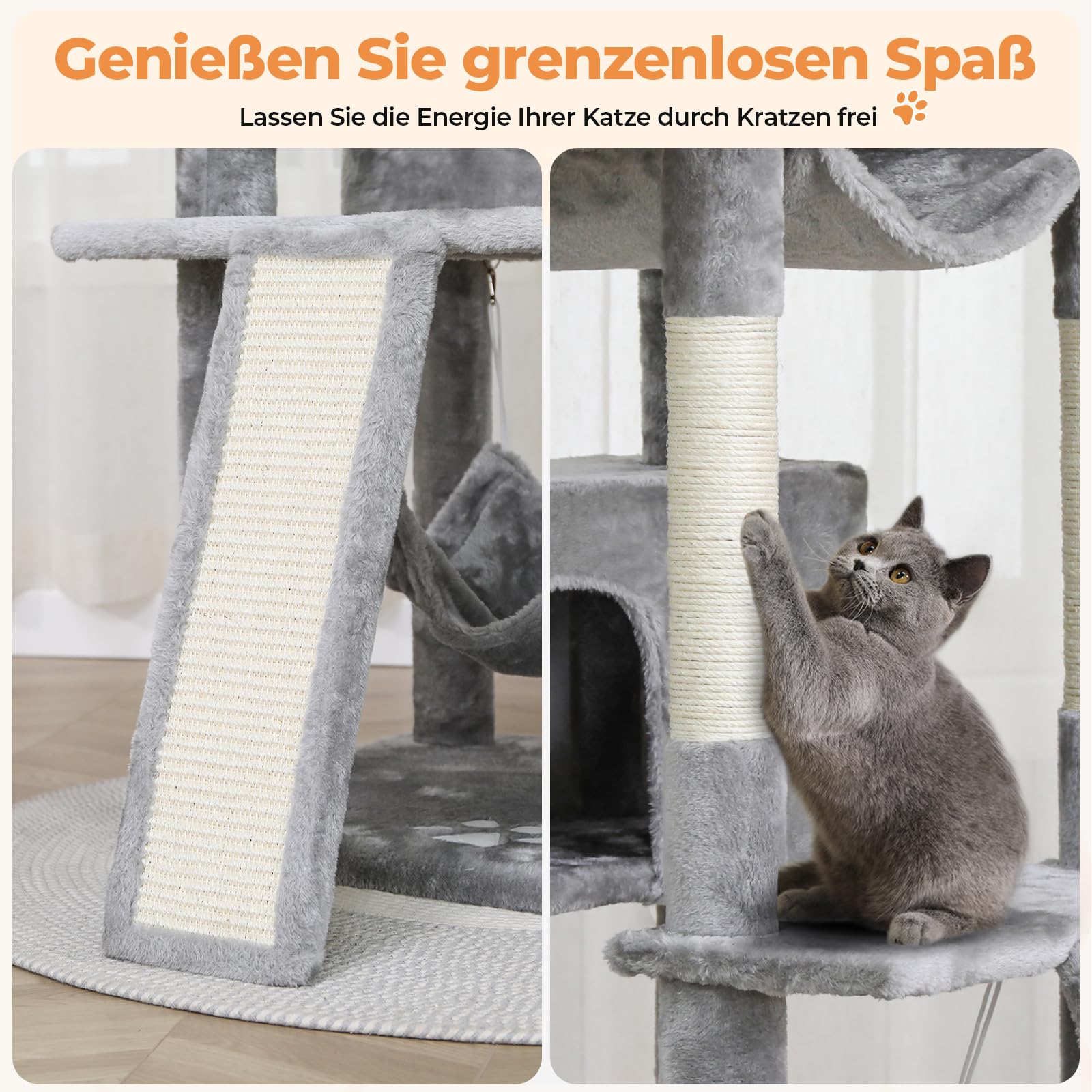 MSmask Kratzbaum groß, 194 cm hoch Katzenbaum XXL mit 3 Großen Plattformen, 2 Höhlen, Sisalstämme, Hängematte, Katzenkratzbaum mit Kratzrampe, Hellgrau