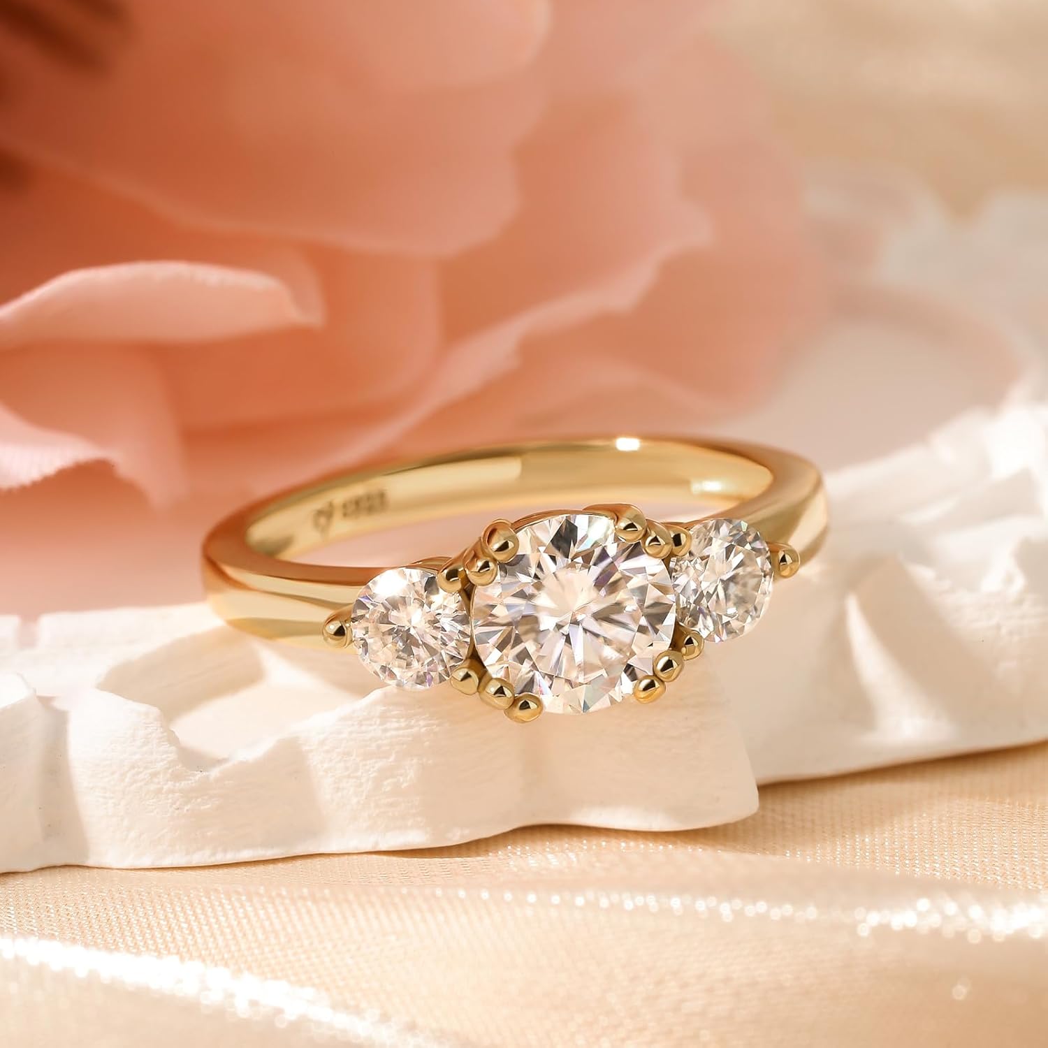 Jeulia 1 Ct 3-Stone Moissanite Engagement Ring for Women, Round Cut Solitaire Promise Ring, 14K Gold Plated over Solid Sterling Silver, GRA Certificate, Promise Gift for Her