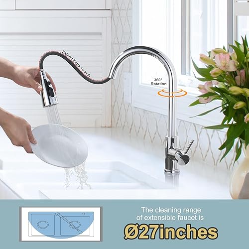 Miniatura 3 de WOWOW - Grifo de cocina cromado con rociador, grifo de fregadero de cocina extraíble de acero inoxidable con placa de cubierta, grifo de cocina para