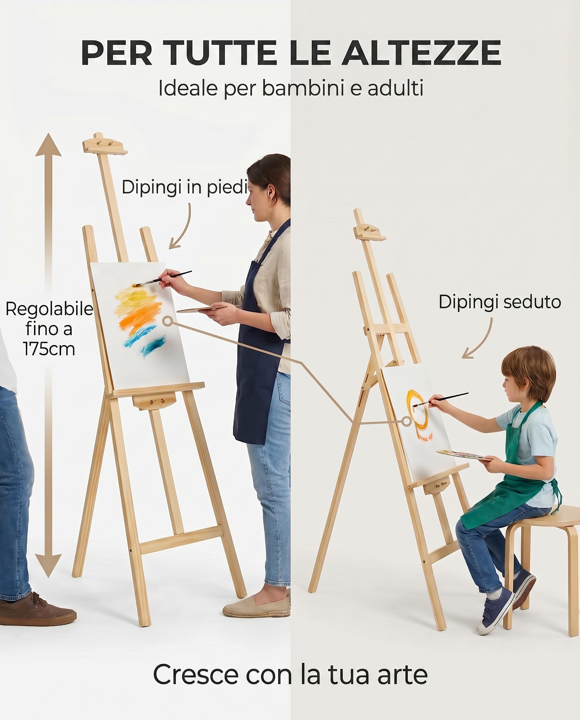 NOGUI - Cavalletto Pittura - Cavalletto in Legno di Pino 175 cm - Altezza e Inclinazione Regolabile - Ideale per Esposizioni Bambini e Adulti - Leggero e facile da piegare