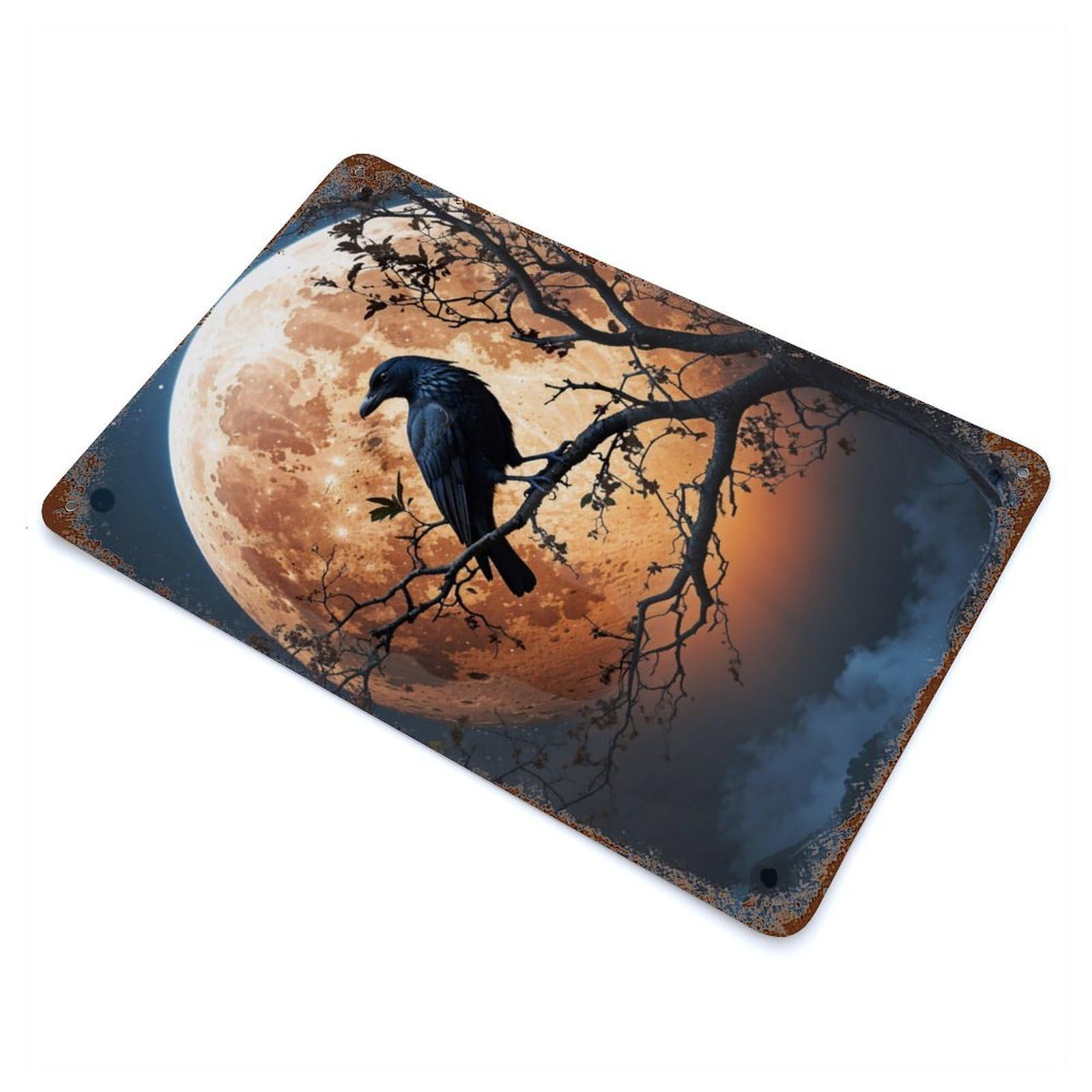 Crow at Night Rust Effect Tin Sign 11.8"x7.9", Rustic Home Decor for Garage, Bar And Workshop Decor