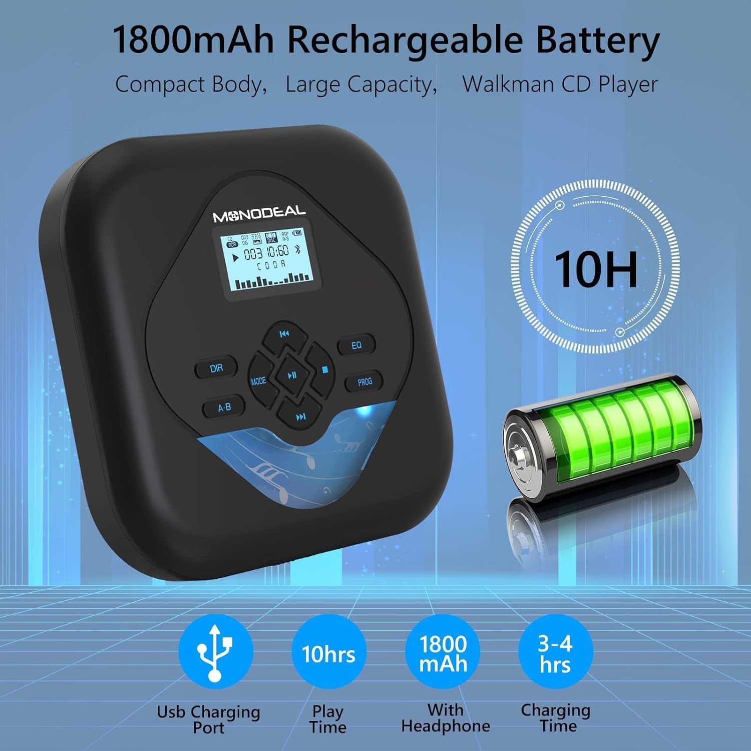 MONODEAL CD Player Portable,Bluetooth CD Player with Speakers,Rechargeable Player for Car and Home,Small Anti-Skip Player with Dual Headphone Jacks,WAV/FLAC/MP3/CD Compatible