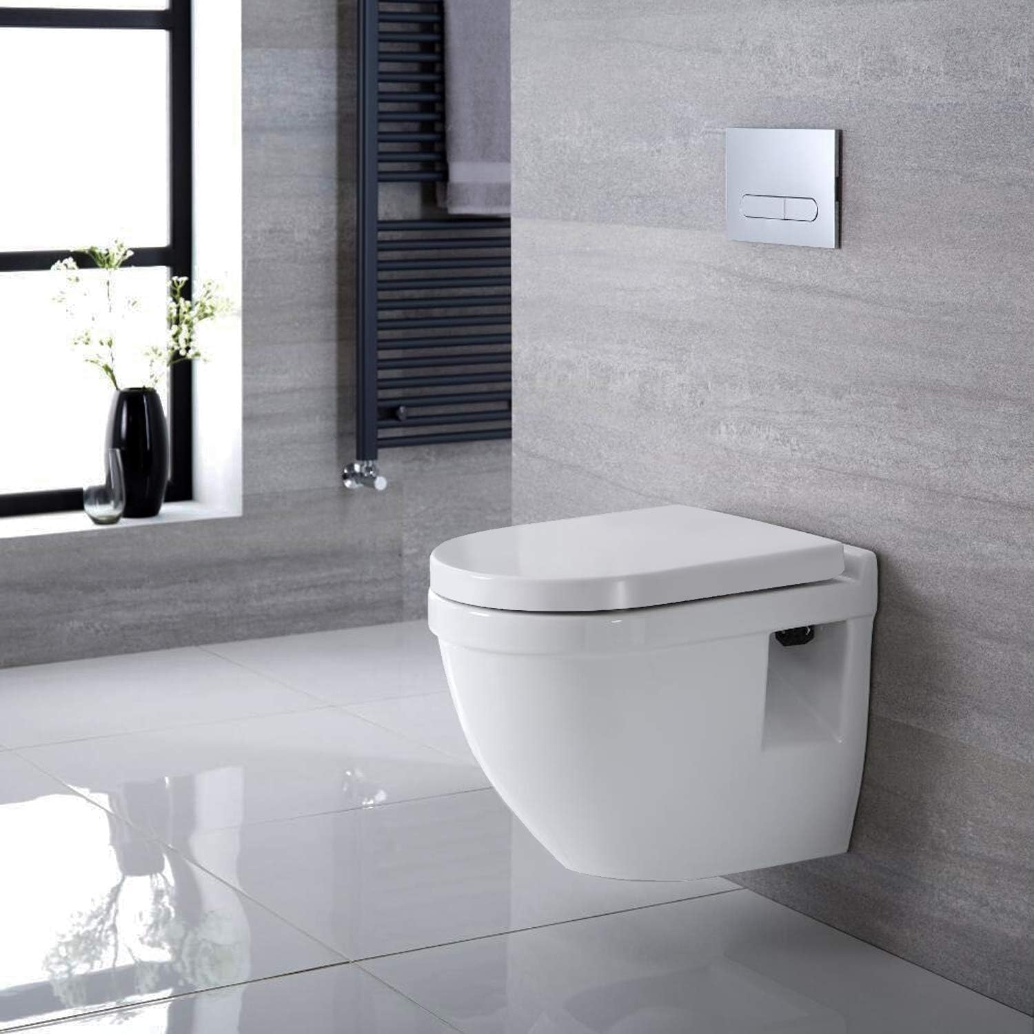 Abattant WC Blanc Duroplast Thermoplastique Déclipsable Forme D avec Frein de Chute Charnière Réglable, Dégagement Rapide à Un Bouton