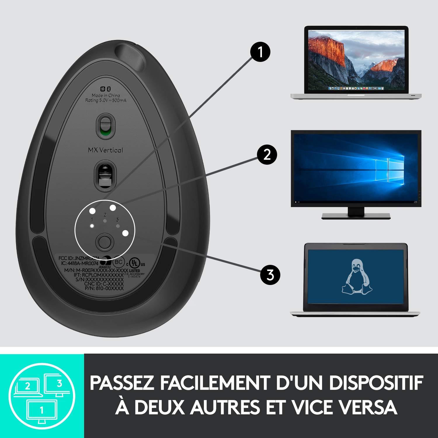 Logitech MX Vertical Souris Ergonomique sans Fil, Multi-Dispositifs, Bluetooth ou 2,4 GHz avec Récepteur USB Unifying, Suivi Optique 4000 PPP, 4 Boutons, Charge Rapide,Portable/PC/Mac/iPad OS-Graphite