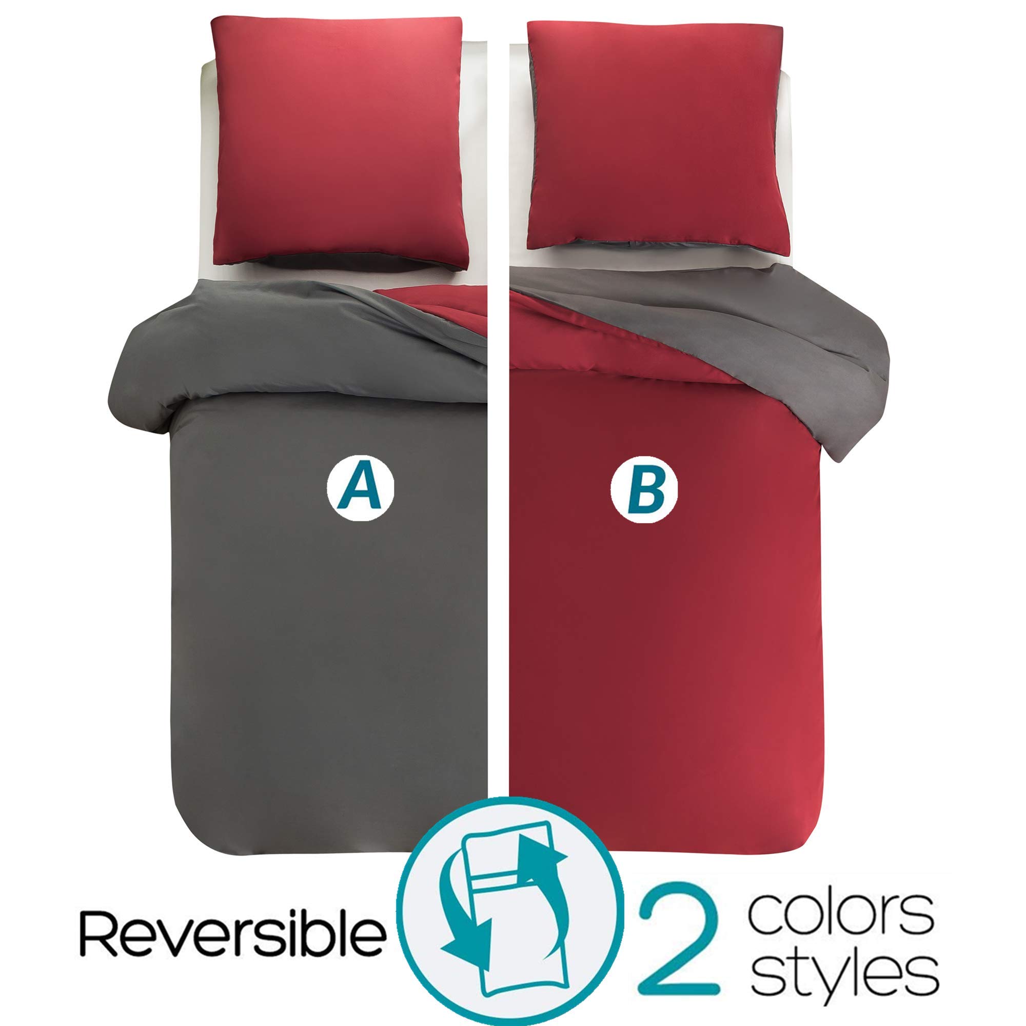 MOHAP Parure de Lit Réversible avec Fermeture éclair Microfibre 220x240 cm Rouge + Gris Foncé et 2 Taies d'oreiller 65x65 cm Housse de Couette Adulte