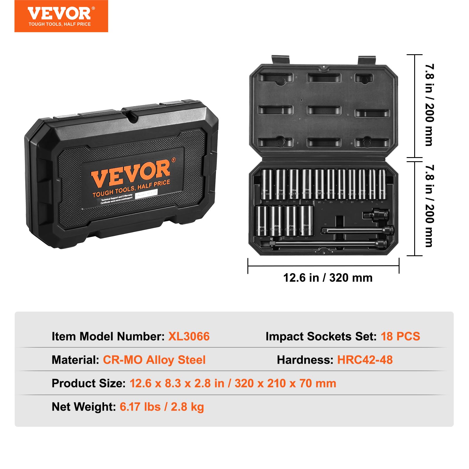 VEVOR Set Bussole a Impatto da 3/8", Set Bussole Profonde da 18 Pezzi, Metriche da 8 a 22 mm, Acciaio Legato CR-V a 6 Punte per Riparazioni Auto, Marcature Dimensioni Struttura Robusta con Valigetta