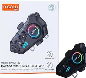 A'Gold Fone de Ouvido Bluetooth para Capacete MCF-36 com Microfone, Som Estéreo, Assistente de Voz, Iluminação RGB e Proteção IPX6 Ideal para Motociclistas, Ciclistas e Aventuras ao Ar Livre