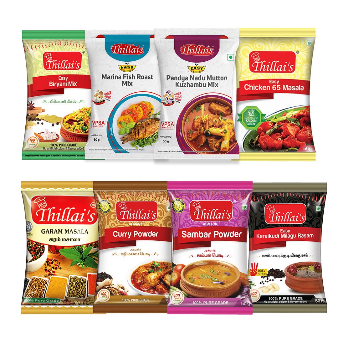 Thillai's Everyday masalas Combo - Pack of 8 | Mutton Kuzhambu Mix | Chicken 65 Masala | Biriyani Mix | Marina Fish Roast Mix | Garam Masala | Sambar Powder | Curry Powder | Karaikudi Milagu Rasam |