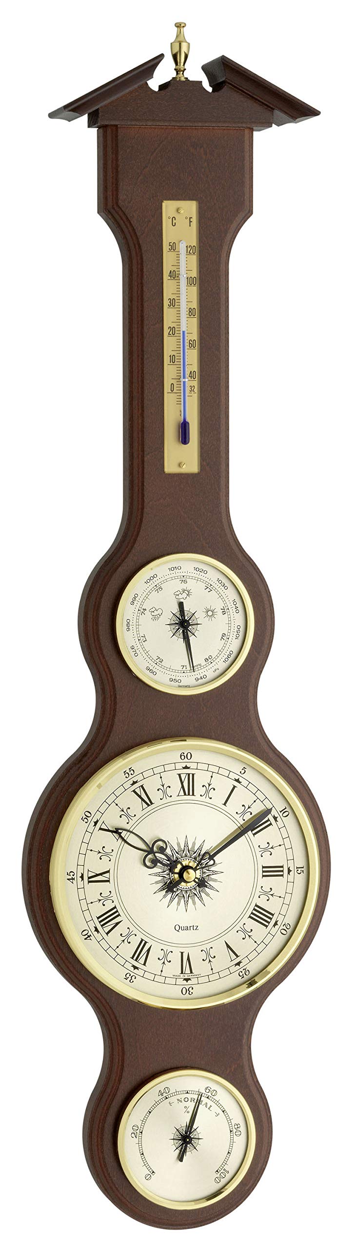 TFA Dostmann 45.3004 - Stazione meteo analogica classica a forma di sheraton in legno massello, 155 x 45 x 602 mm, con barometro, termometro, igrometro e orologio, mogano