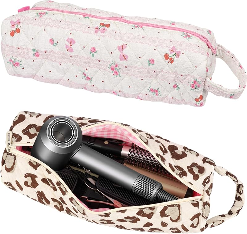 Canumer Conjunto com 2 Estojos de Viagem para Ferramentas de Cabelo, Rosa-cereja e Leopardo, Compatível com Shark FlexStyle e Revlon