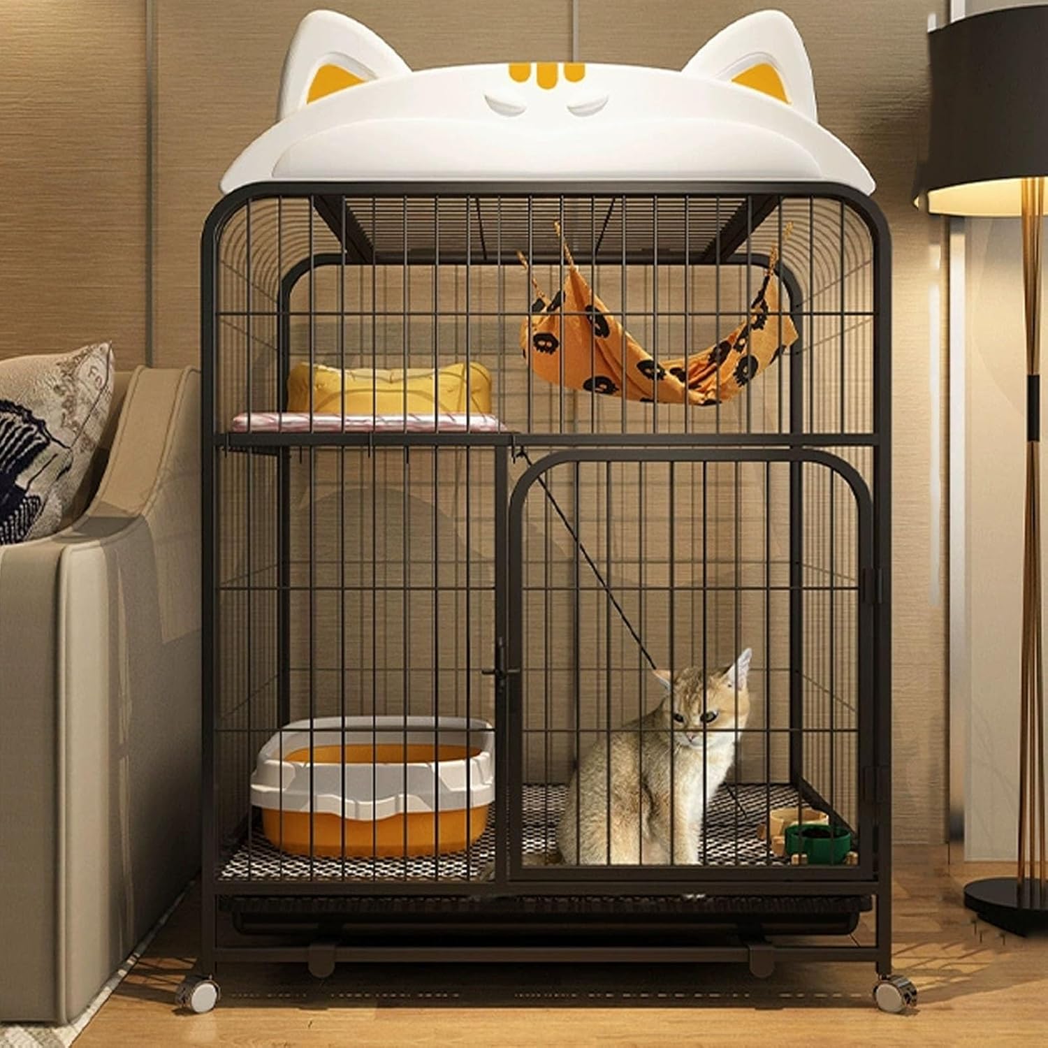 Cat Cages Indoor, Cute Cat Kennels Cages with Ladders, Made of Iron+PP, Cats Enclosures, Cats Crates for Black, Easy to Clean Black