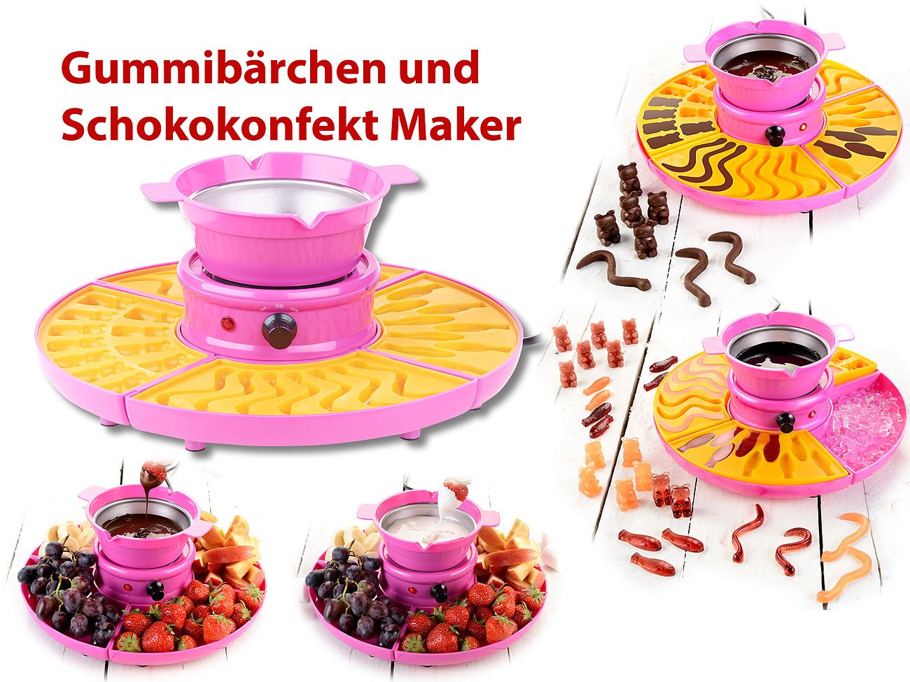 Rosenstein & Söhne Macchine per zucchero filato - set fontana cioccolato: macchina per orsetti gommosi e maker di cioccolatini, incluso set di stampi in ghisa, 25 Watt (macchina per caramelle gommose)