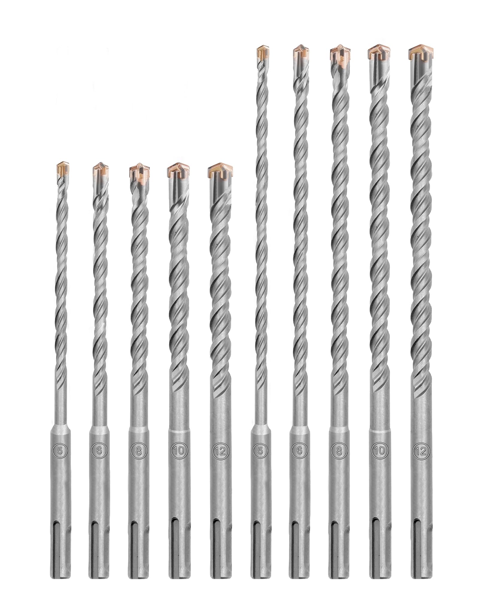 HIGHDRIL Juego de Brocas SDS Plus - 10 piezas 5/6/8/10/12mm (Largo 160/210 mm) con Punta de Carburo, Brocas para Martillo Perforador para Hormigón, Ladrillo, Piedra y Granito