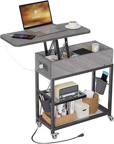 Colima Mesa auxiliar elevable con estación de carga y ruedas, mesa auxiliar de sofá con puerto USB y salidas de CA, mesita de noche móvil con bolsa