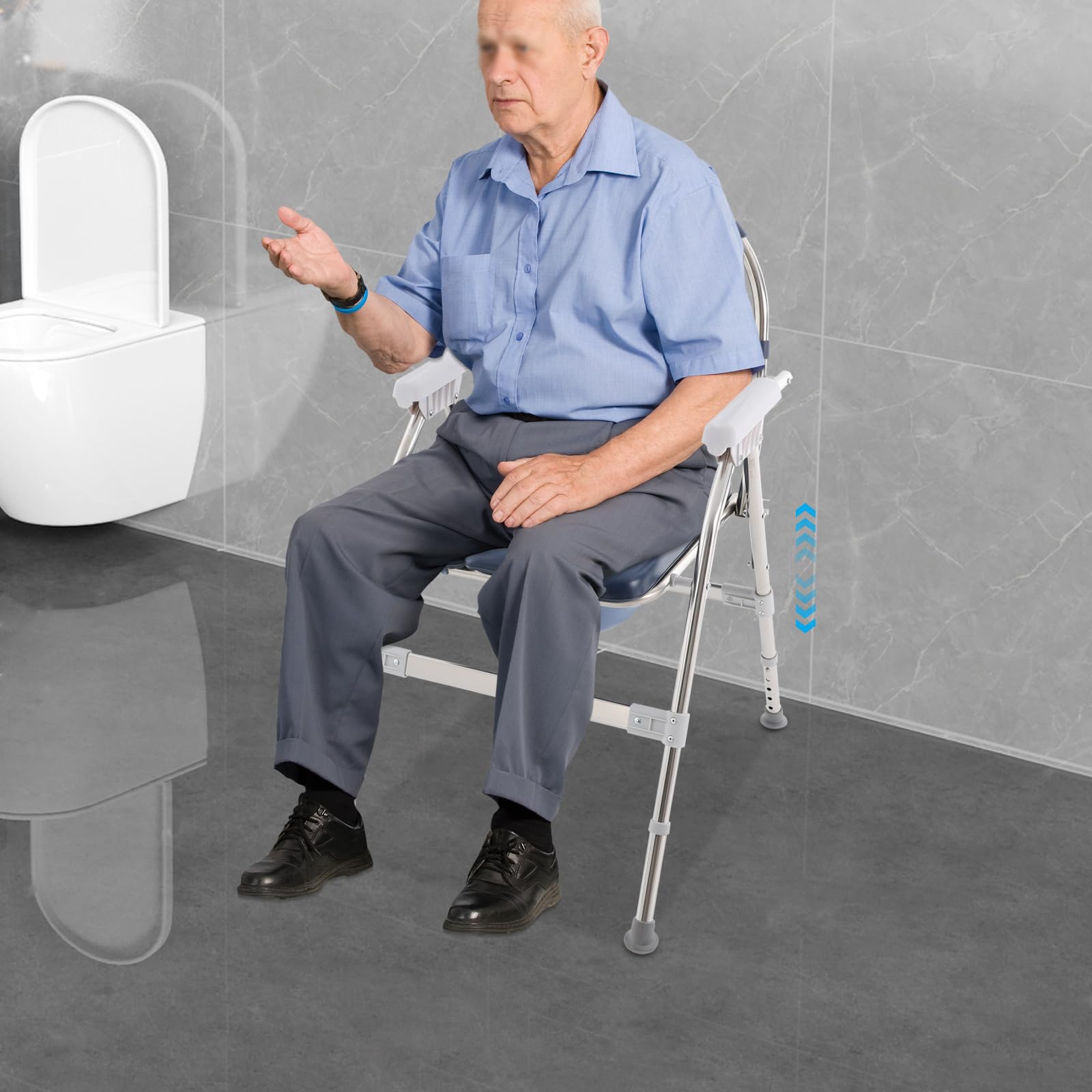 Krzesło toaletowe dla seniorów, składane, wózek inwalidzki prysznicowy z regulacją wysokości, nośność 150 kg, krzesło WC z wyściełanym siedziskiem i wiadrem toaletowym, stabilne i wygodne (granatowe)