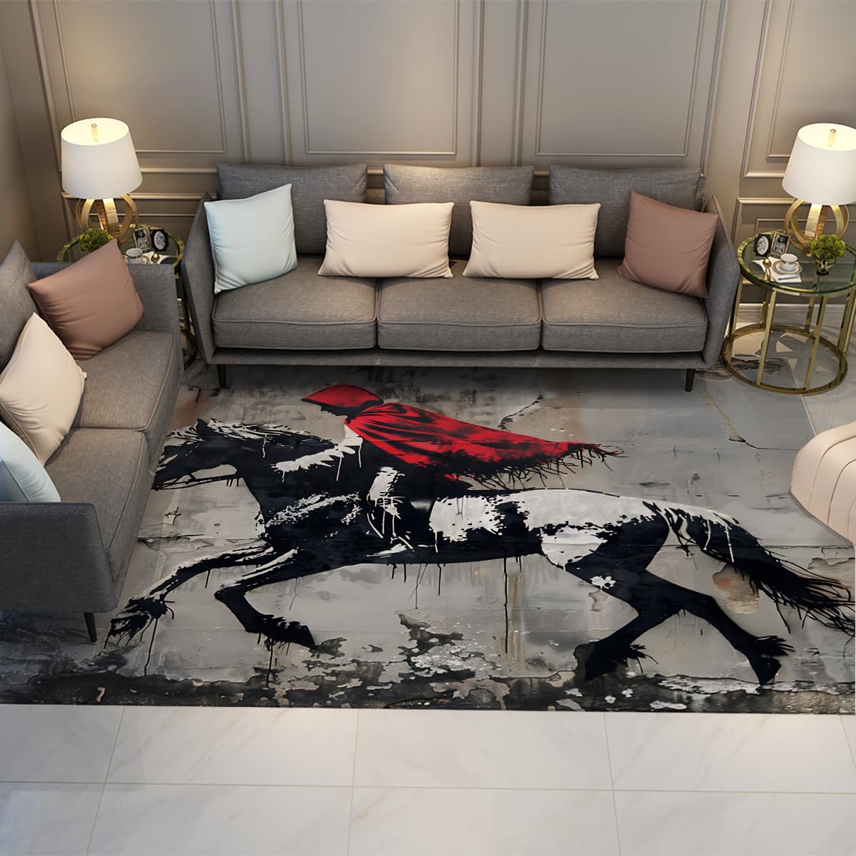 Tapis salon Banksy vintage 60x90cm avec cavalier street art gris