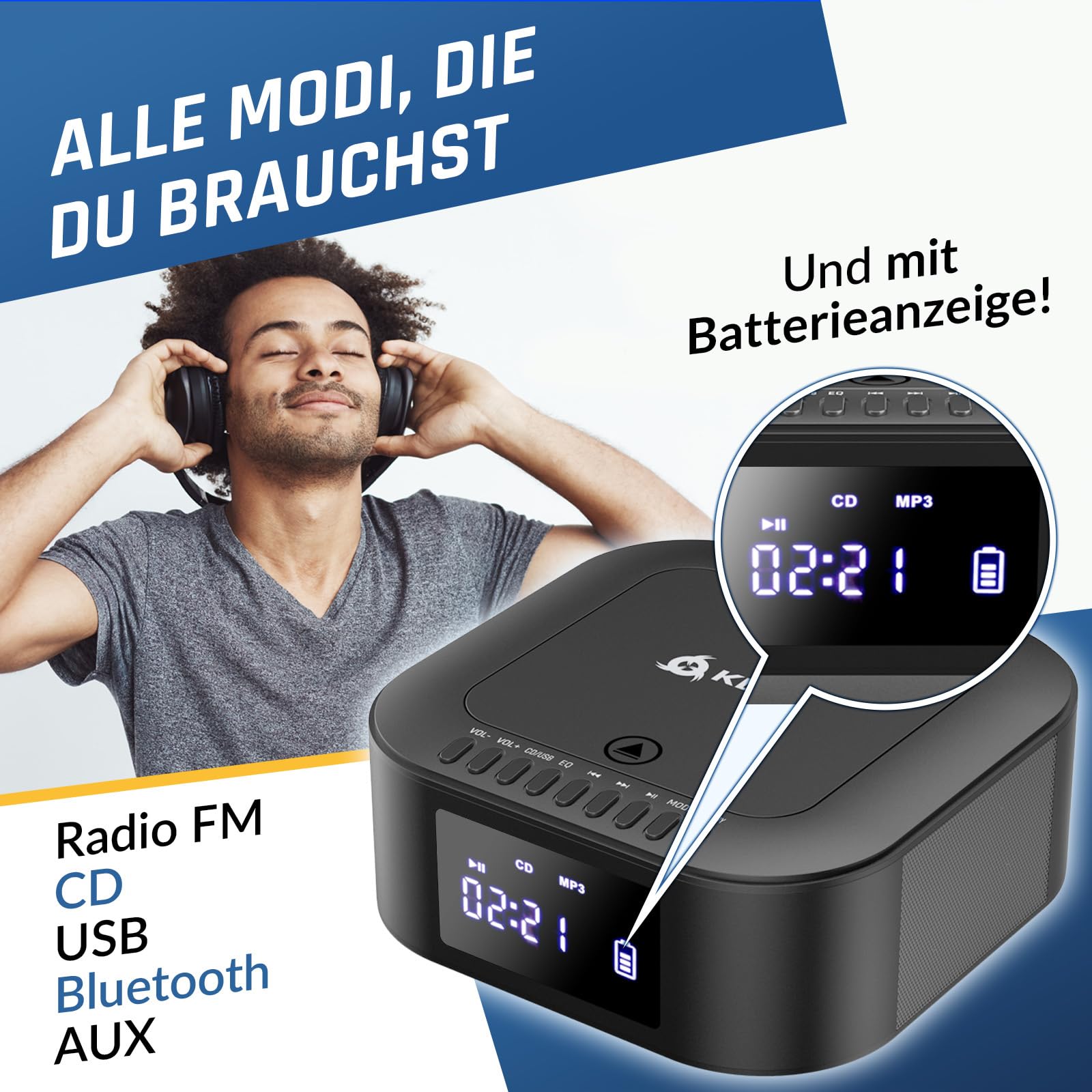 KLIM Boombox E1 Radio mit CD Player - BASS Boost mit Tieftöner - FM Radio, MP3, Bluetooth, AUX, USB, Kompakt Disc - CD Player tragbar mit kabellosem Modus und aufladbaren Akku - Mit Fernbedienung