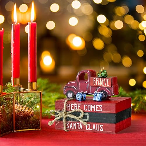 Miniatura 4 de Smile Christmas - Pila de libros de madera de Navidad, paquete de libros falsos de trineo con cinturón de Papá Noel, decoraciones de bandeja