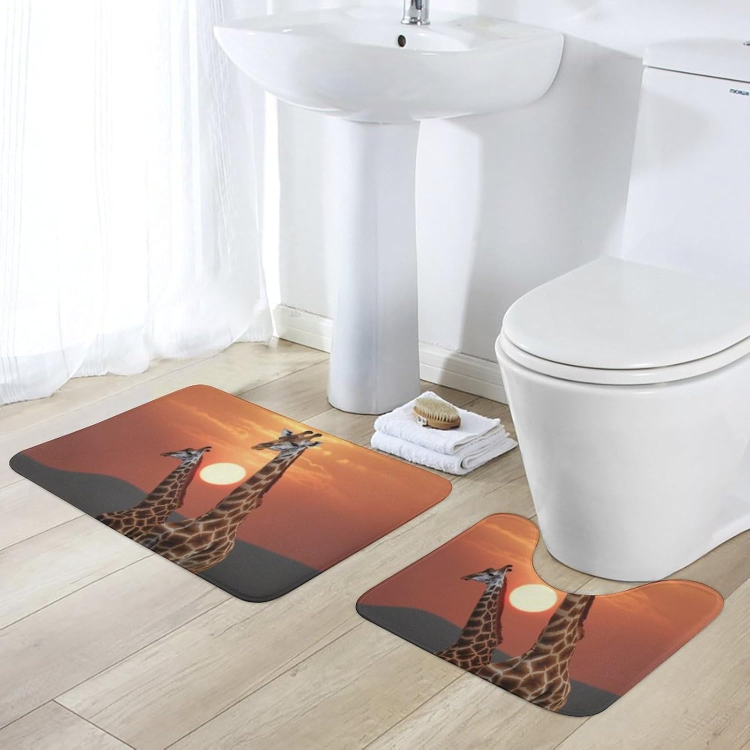 Bathroom Rugs Sets 2 Piece Giraffe at Sunset Bathroom Mats Absorbent Microfiber Bath Rugs and U-Shaped Contour Toilet Rug Non Slip Bath Mats Carpet for Bathroom Bathtub