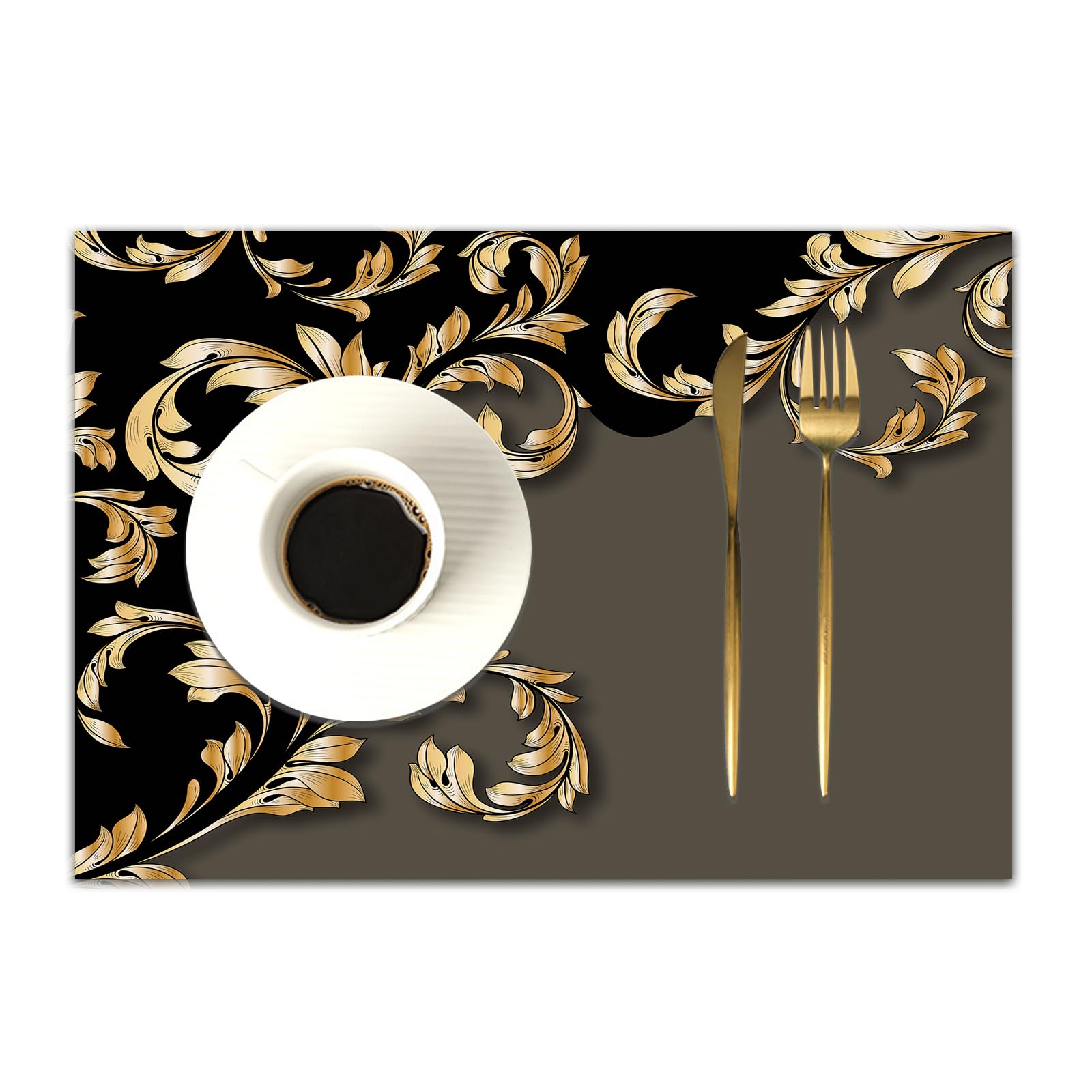 DASNK Table Mats Set of 4 Woven Vinyl Place Mats for Dinner Table Washable & Durable Indoor/Outdoor Use Table Accessories,Gold Floral Background PNG,12x18in