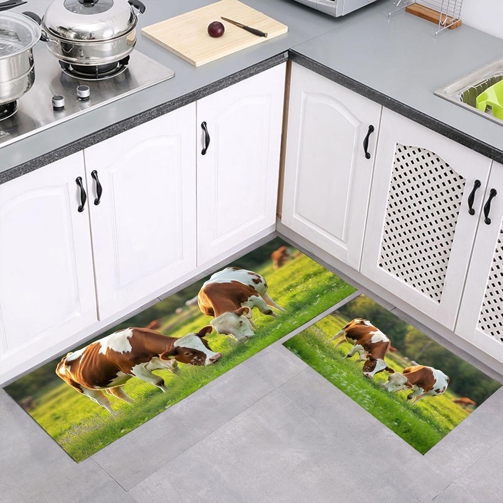 Alfombra de cocina antideslizante lavable, tapete verde hierba de vacas para cocinita