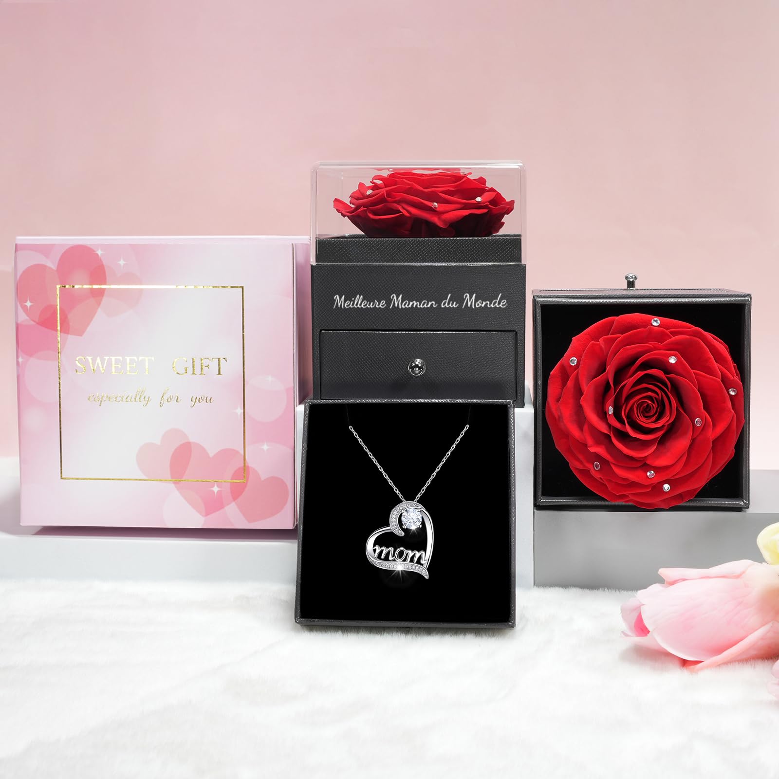 Sunia Cadeau Maman, Rose Eternelle avec Bijoux Argent 925 Collier, Collier Anniversaire Femme, Meilleure Maman du Monde, Coffret Rose Eternelle, Fleur Préservée Cadeau Fete des Meres Noel, Varie Rose