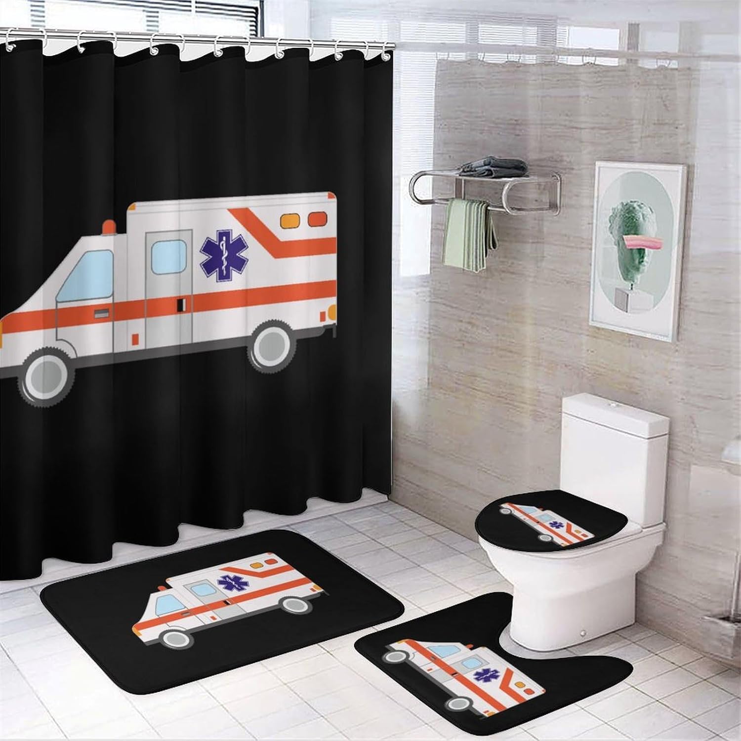 Ambulance Emergency Medical Technician Bathroom Sets with Shower Curtain and Rugs 4 Piece with U-Shaped Floor Mat Toilet Lid Cover