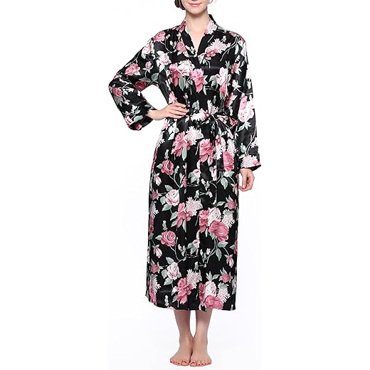 Lavenderi Roupão feminino de cetim longo clássico quimono de cetim roupão de banho