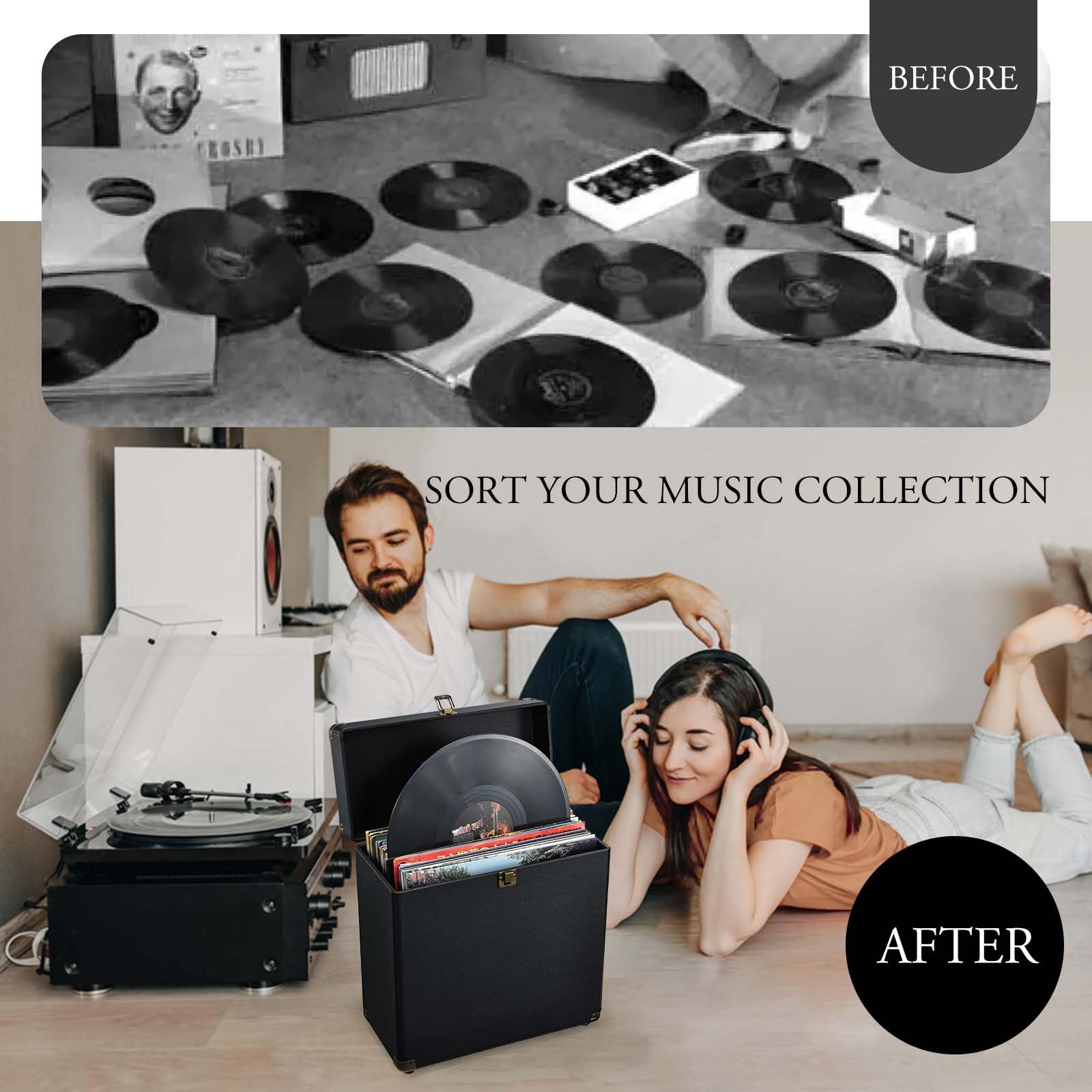 Costravio Caja de almacenamiento de discos de vinilo, caja de exhibición de la colección de álbumes de vinilo, resistente al agua, con capacidad para 45 discos valiosos de 7/10/12 pulgadas, caja de