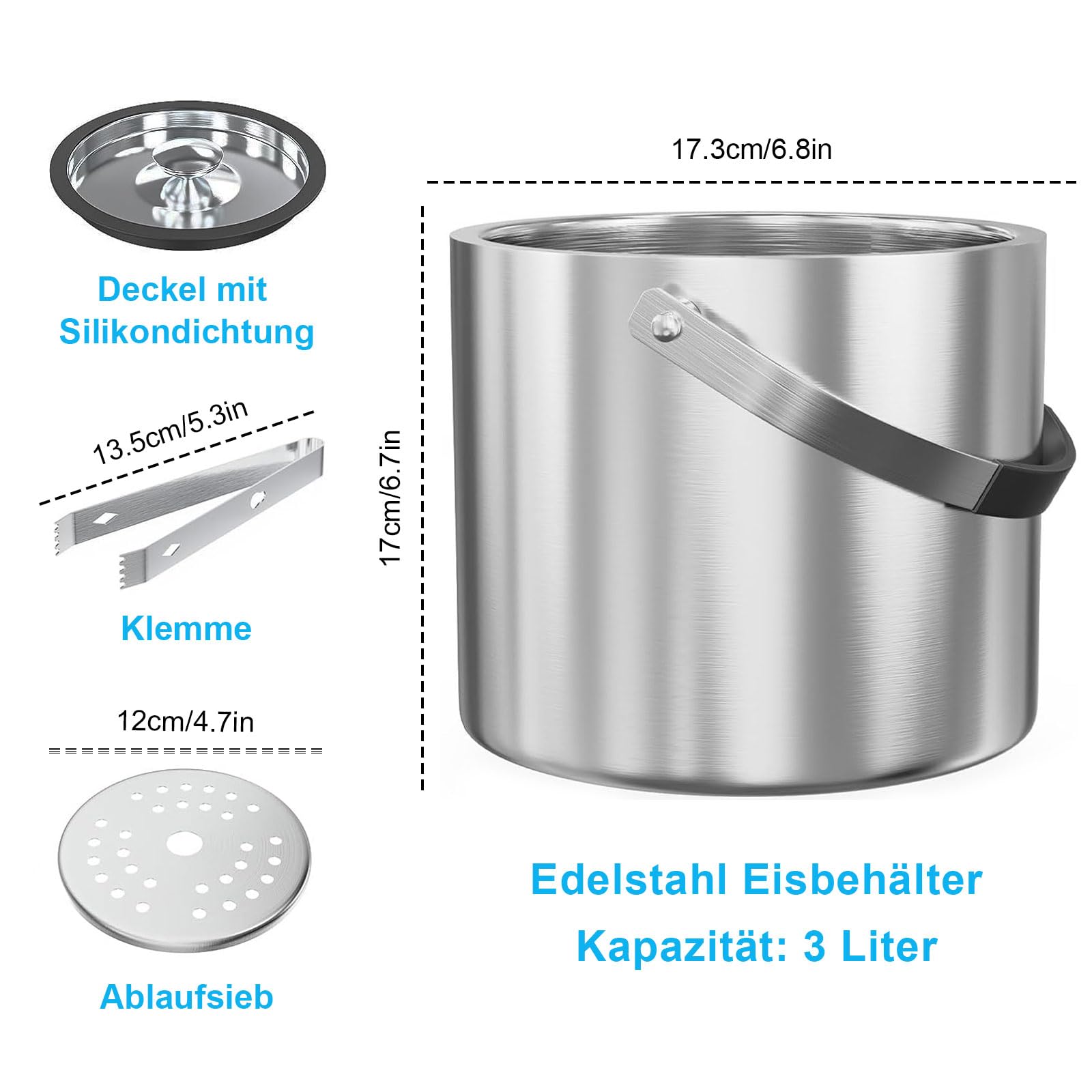 Cubitera de acero inoxidable de 3 litros con tapa hermética, colador y pinzas para hielo, cubitera de doble pared, ideal para enfriar cerveza, champán, vino y frutas