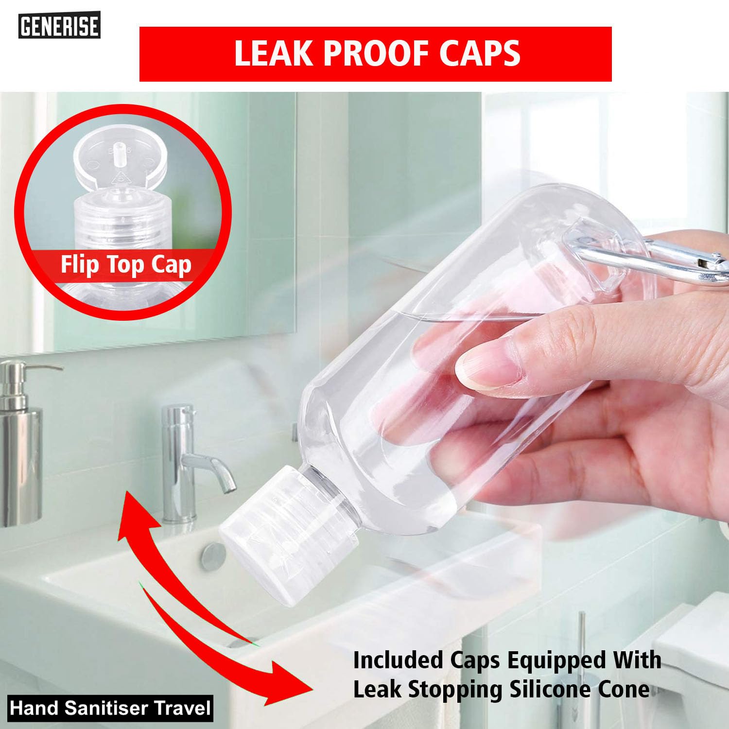 Flacone disinfettante per le mani con clip, 4 flaconi riutilizzabili per disinfettanti per le mani, 50 ml, con coperchio ribaltabile e moschettone