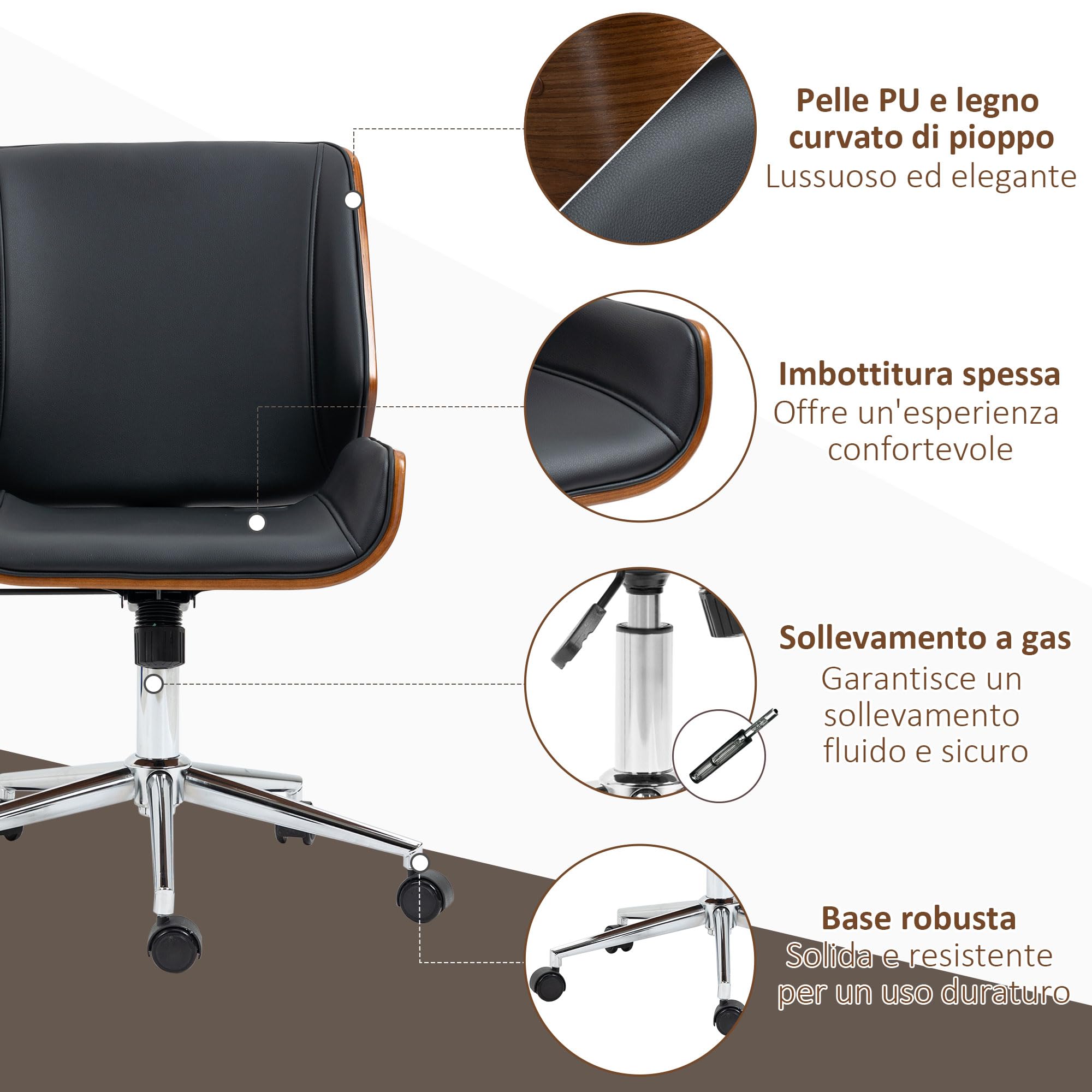 Vinsetto Sedia da Ufficio Senza Braccioli Vintage Nero e Marrone Scuro | Ruote Girevoli, Schienale e Seduta Curva, Sedia da Scrivania Studio, Inclinabile, Altezza Regolabile, in Pelle PU e Legno