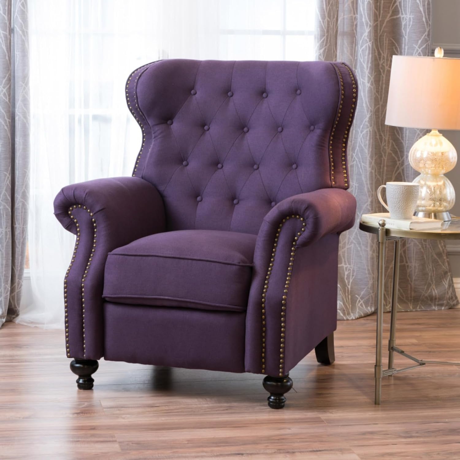 Accented Push Back Recliner Chair with Rolled Arms in Plum, Enjoy Cocooning Comfort,Living Room Furniture Chesterfield Sofa Chair (Plum)
