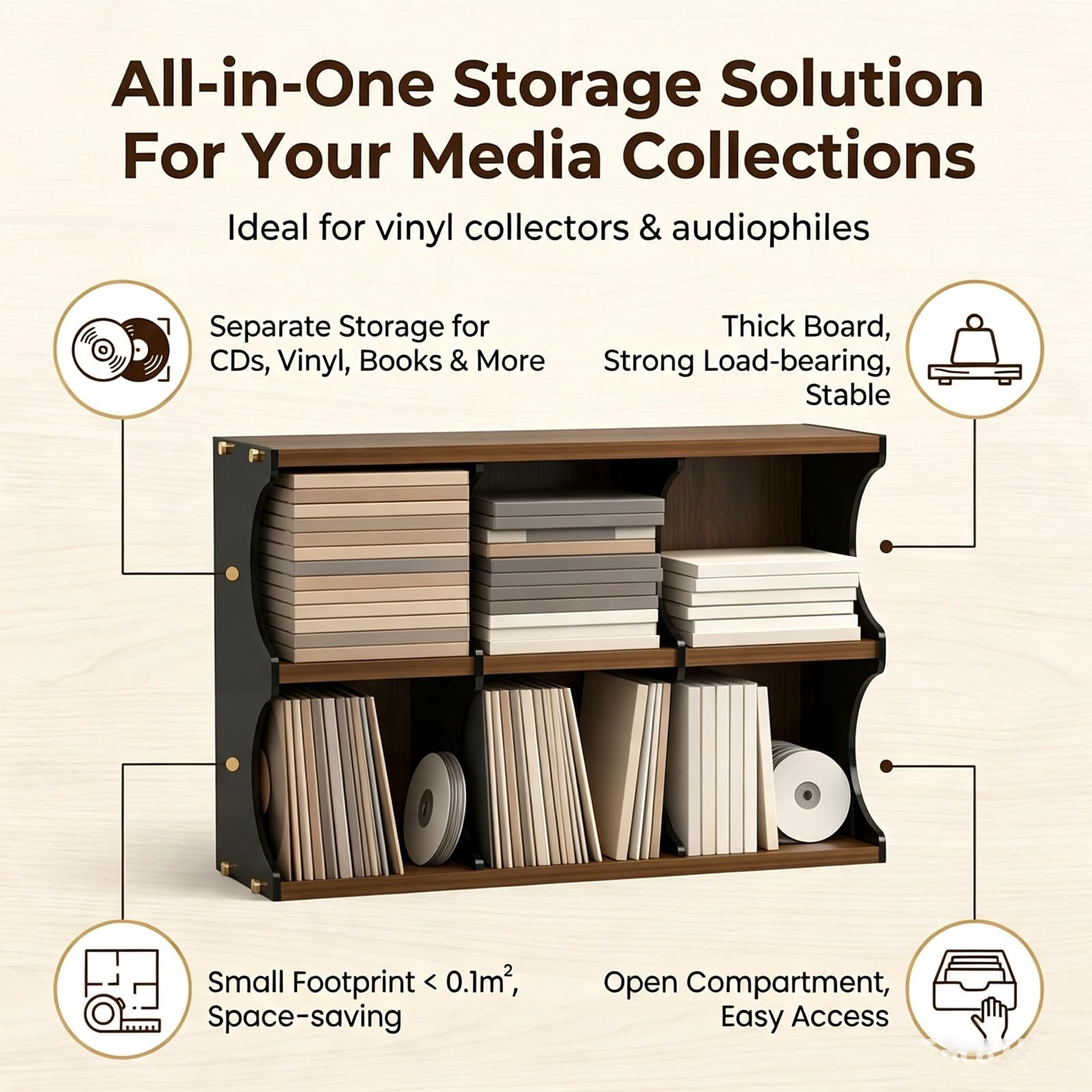 Porta Vinili/Organizer Dischi/Multiscomparto. | Scaffale MDF Porta Media Espositore Multiuso Libreria Bassa Angolo Audio.(Black)