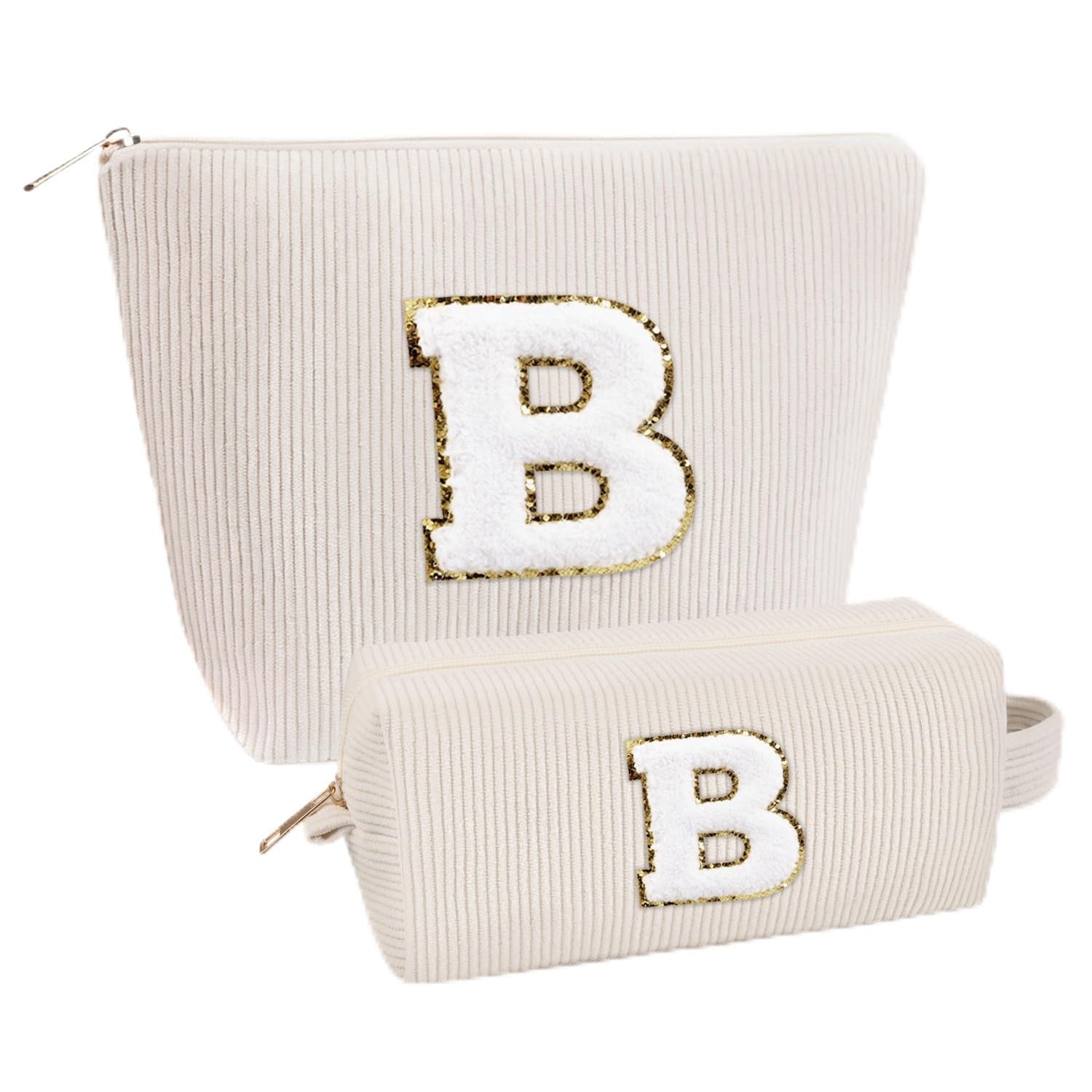 Giftota 2 Stück Personalisierte Kosmetiktasche Damen Cord Schminktasche, A–Z Make up Tasche mit Buchstaben, Kulturtasche für Reisen, Geschenk für Frauen Mädchen, Geburtstagsgeschenk für Frauen Mama B