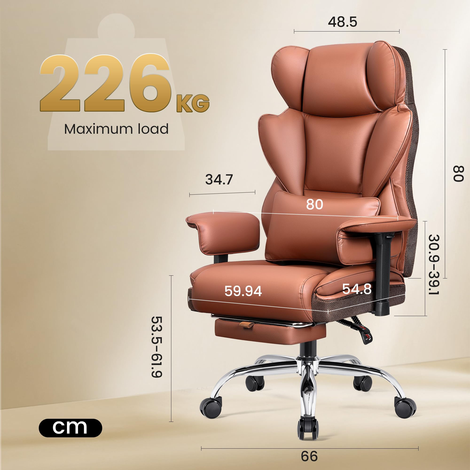 Sedia Ufficio ampia, Sedia direzionale ergonomica con poggiapiedi 165° schienale regolabile sedia gaming casa in ecopelle 150-200KG, Marrone