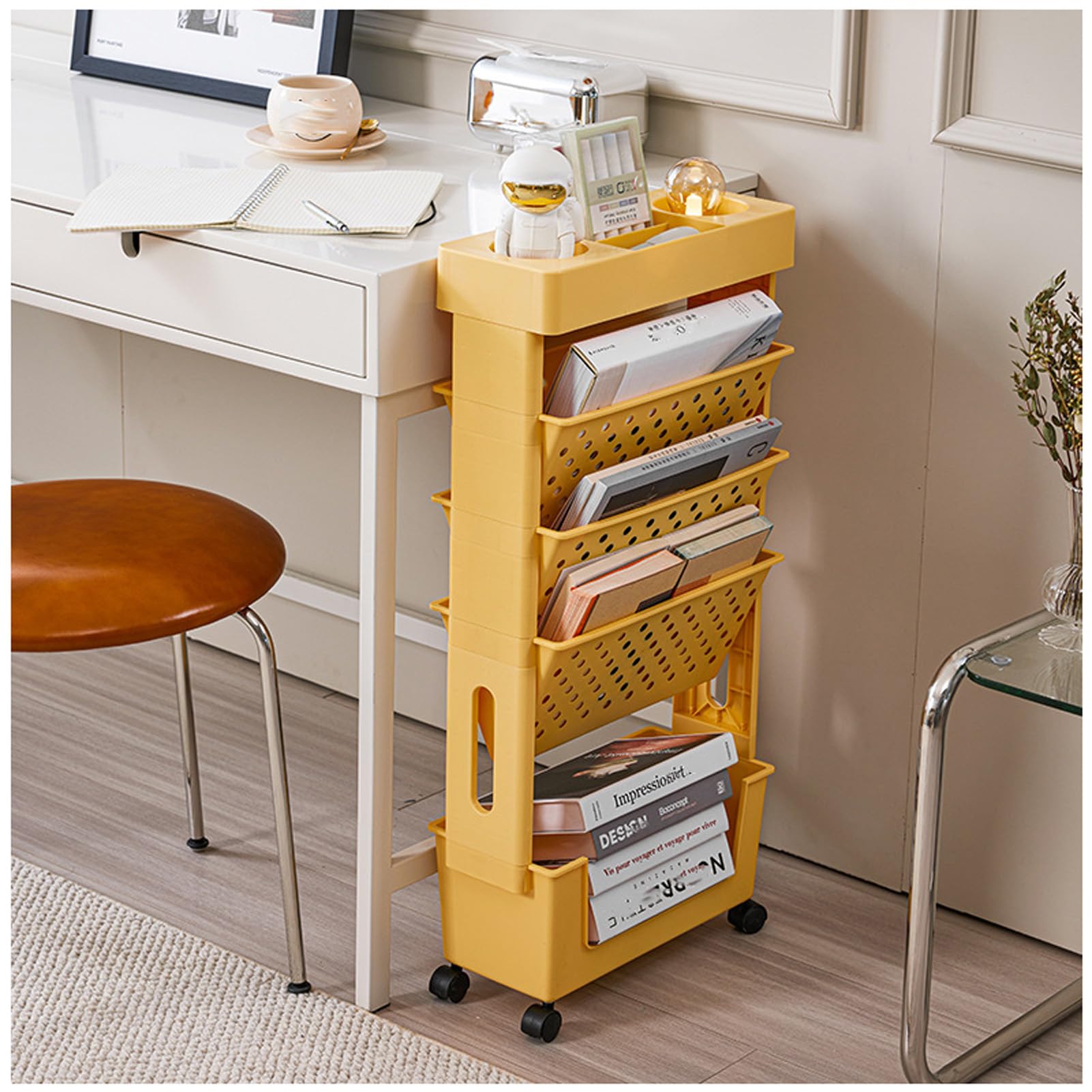 Estantería móvil para niños, carrito estrecho con ruedas para libros, carrito de manualidades de 5 niveles para ahorrar espacio, carrito rodante amarillo para escuela y sala de juegos