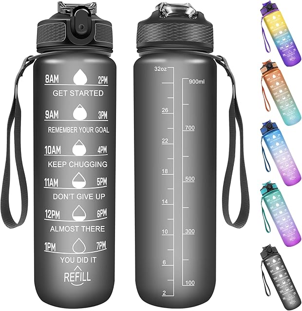Sports Water Bottle with Motivational Time Marker & Straw, 1L Leakproof Drink Bottles with BPA Free Tritan Non-Toxic Plastic, Ideal for School,Cycling,Gym,Camping (Black)
