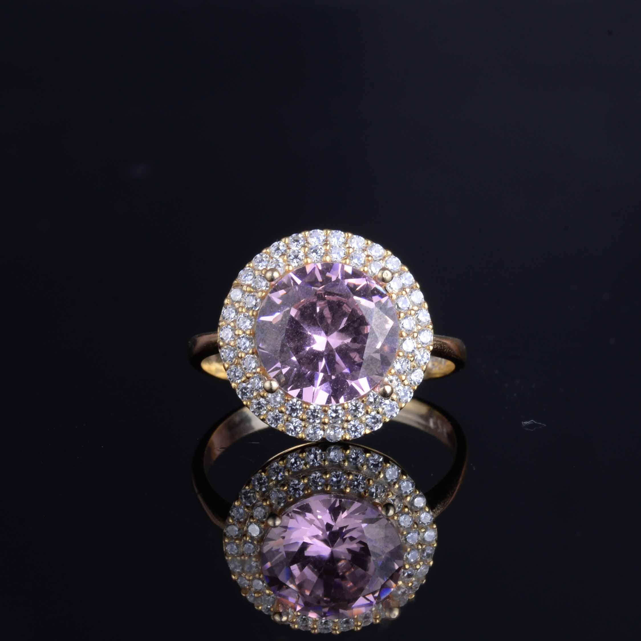 KAMBO Damen-Ring aus 925er Sterlingsilber mit rosa Stein, eleganter vergoldeter Ring mit glänzendem Halo-Design, Silber, ohne Edelsteine, Silber, Kein Edelstein